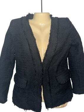 Vince Camuto Tweed Black Frayed-Trim Bouclé Open Blazer